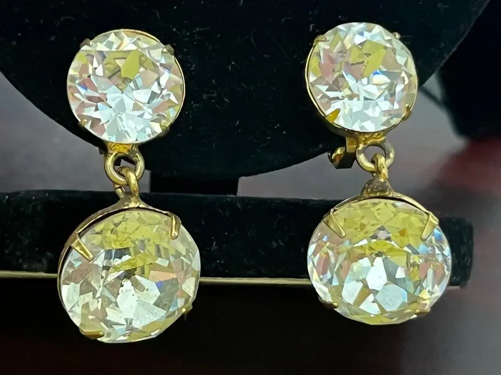 VTG Chunky Rhinestone Clip On Earrings Gold Tone Prom Homecoming Bling Glam